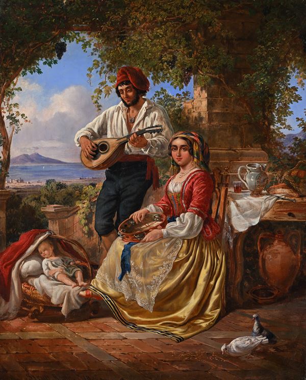 Famiglia napoletana sotto un portico con vista del Golfo di Napoli