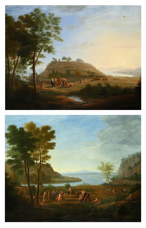 Coppia di paesaggi - Ulisse e Nausica e Apollo e Marsia