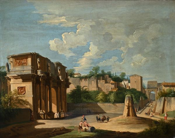 Veduta di Roma con l'Arco di Costantino, la Meta Sudans e l'Arco di Tito sullo sfondo