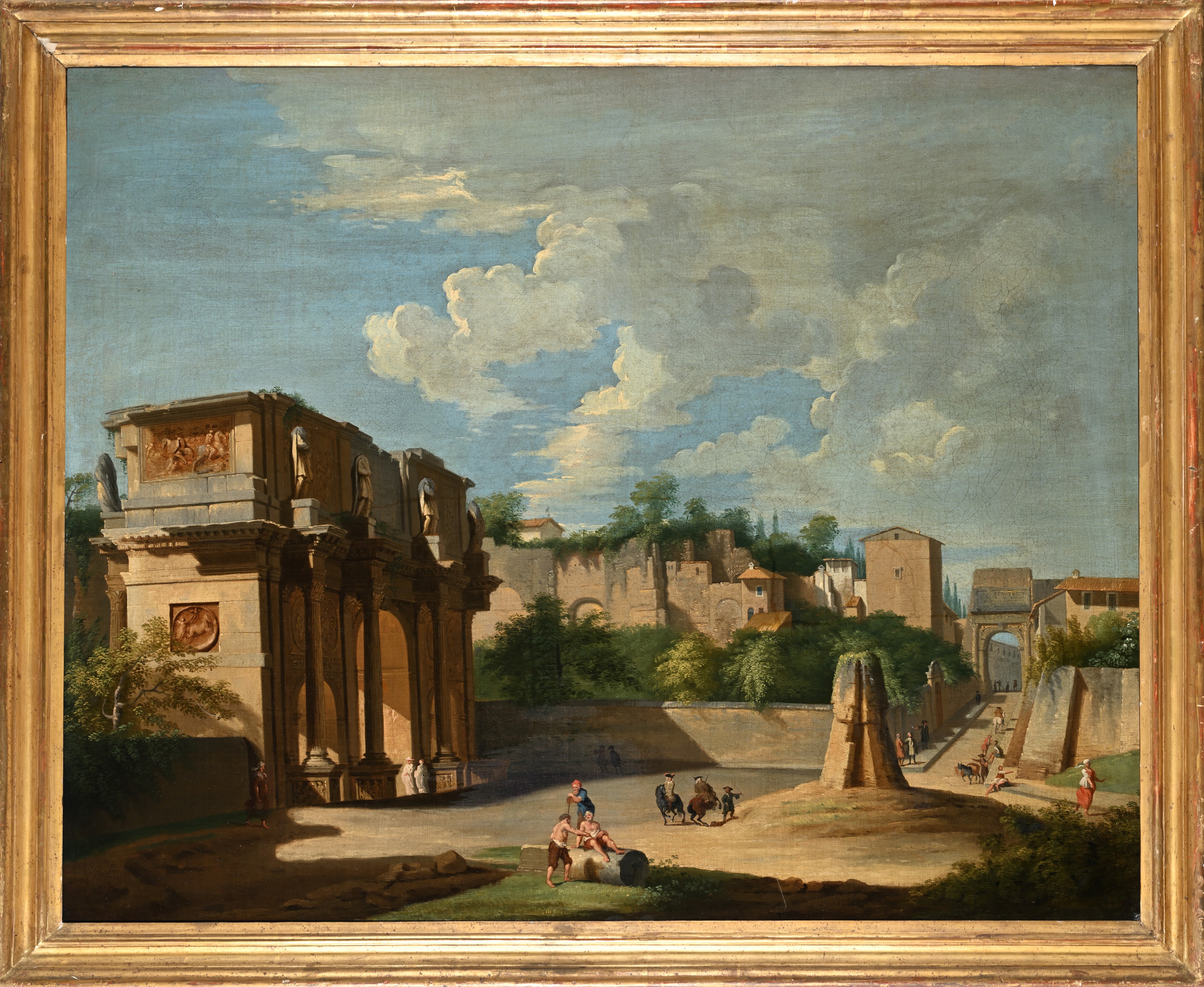 Veduta di Roma con l'Arco di Costantino, la Meta Sudans e l'Arco di Tito sullo sfondo