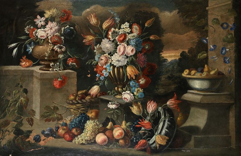 Natura morta con vasi di fiori e frutta