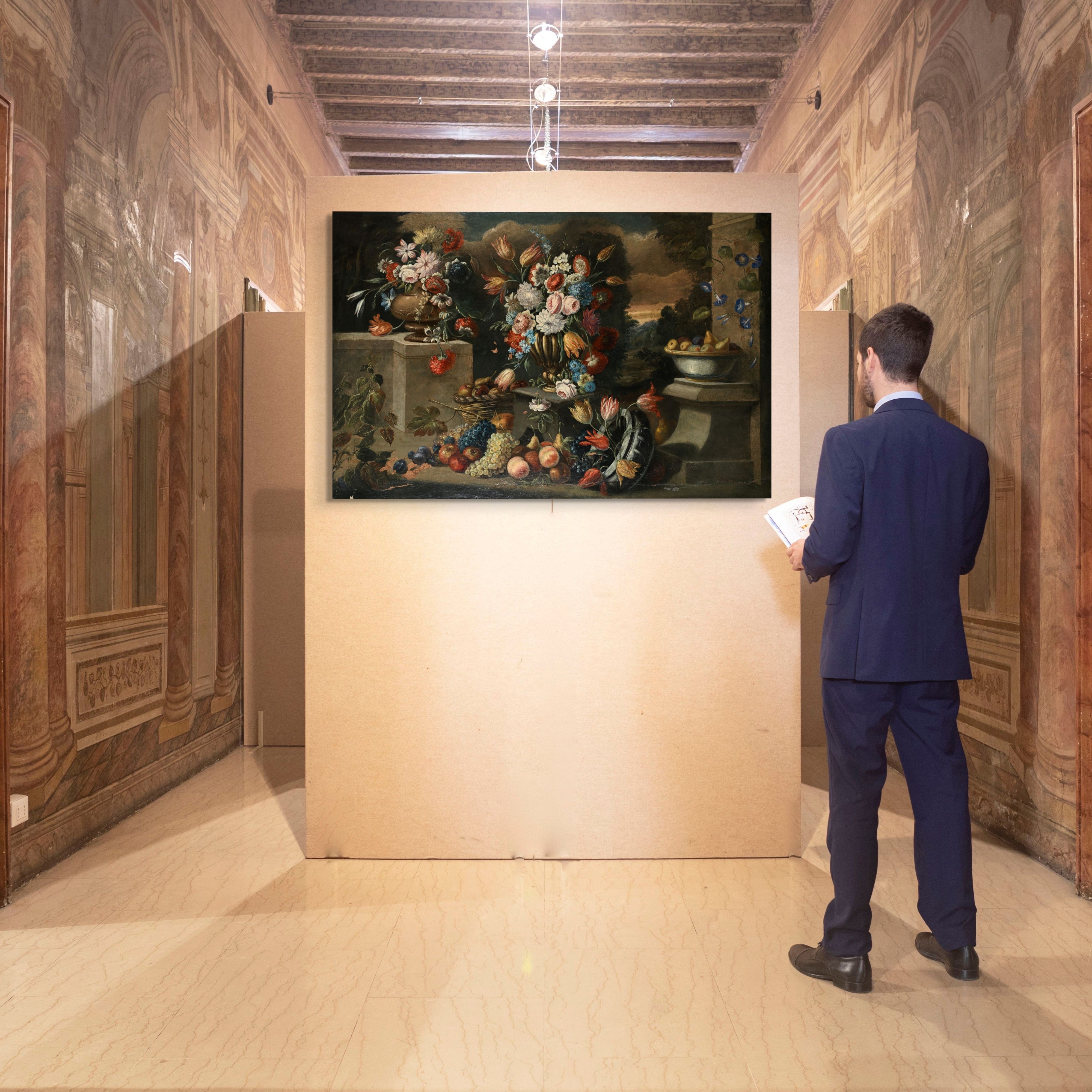 Francesco Lavagna, Natura morta con vasi di fiori e frutta, olio su tela