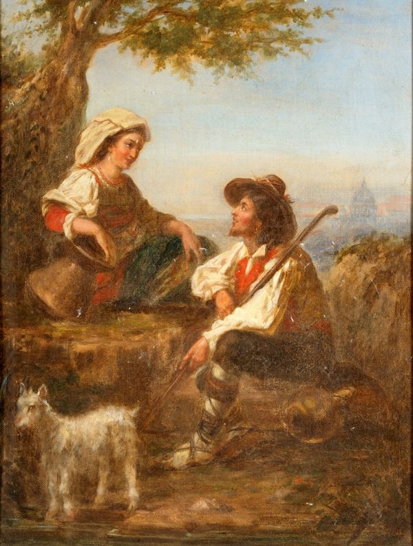 Scuola romana fine del XIX inizi del XX secolo - Roma, sosta di due pastorelli con la cupola di S. Pietro in lontananza