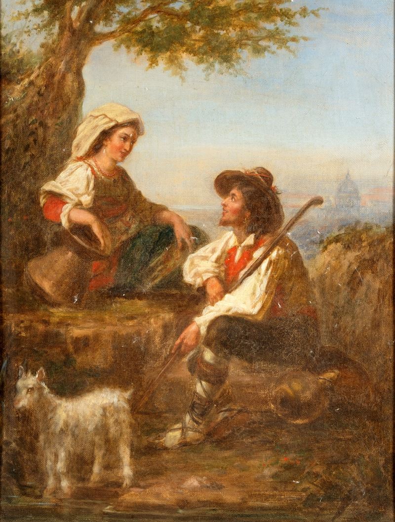 Scuola Romana Fine del XIX Inizi del XX Secolo - Scuola romana, Sosta di due pastorelli con la cu...