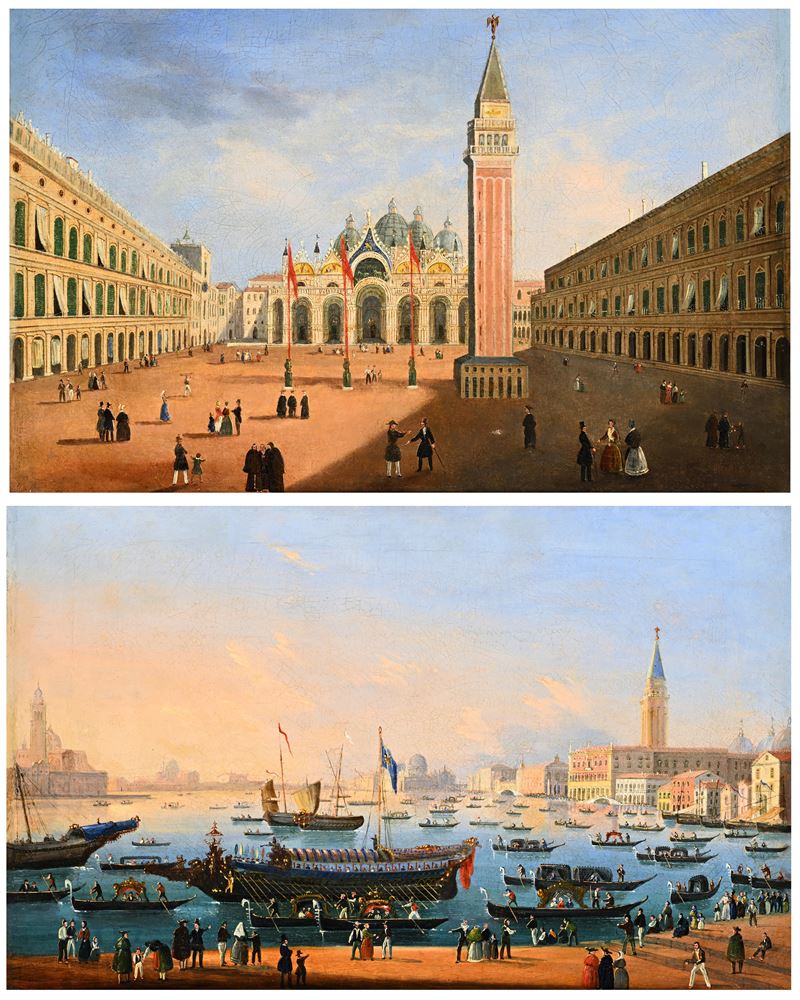 Pittore del XIX Secolo - Piazza San Marco e Il Bacino di San Marco con il Bucintoro