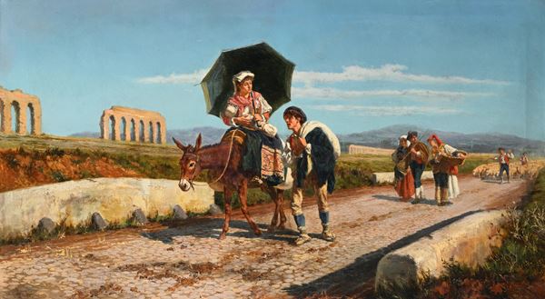 Contadini e pastori lungo la via nella campagna romana 