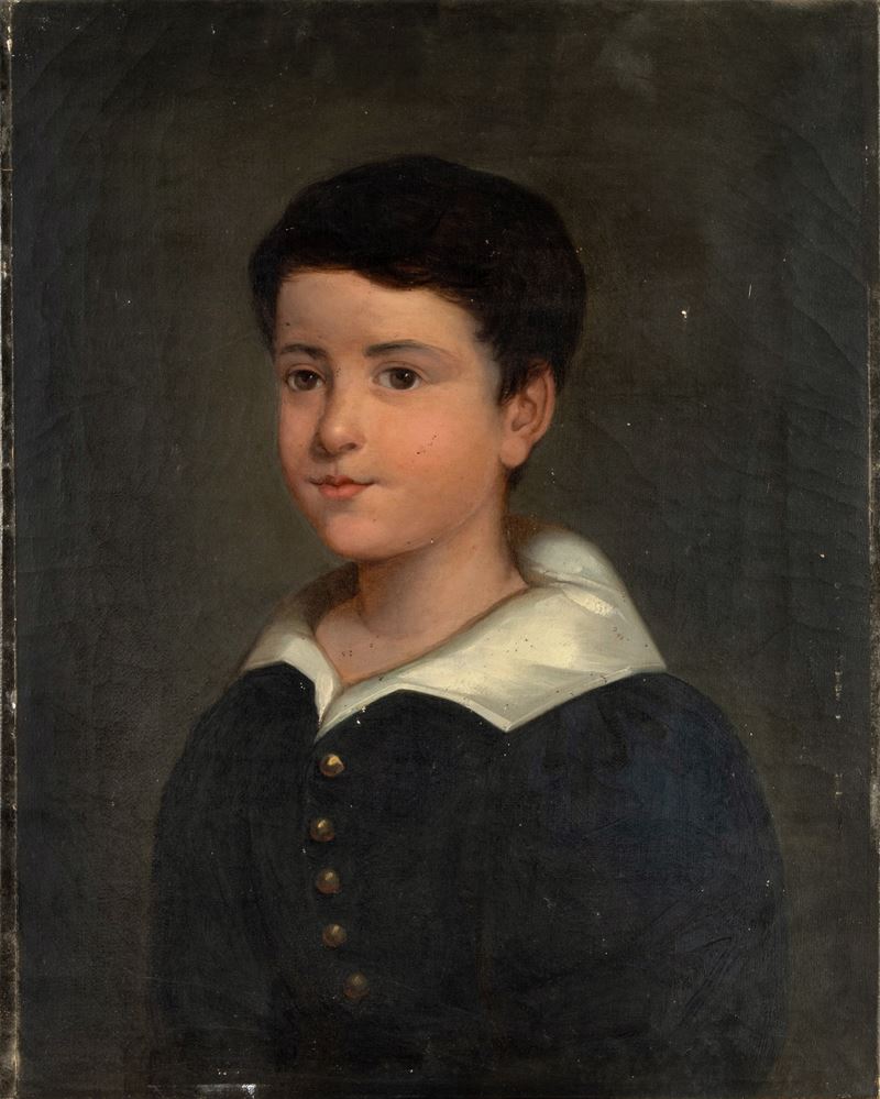 Scuola Italiana del XIX Secolo - Ritratto di fanciullo con abito nero e colletto bianco, olio su ...