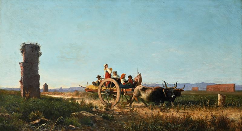 Achille Vertunni - Carro con contadini in marcia nella campagna romana, olio su tela