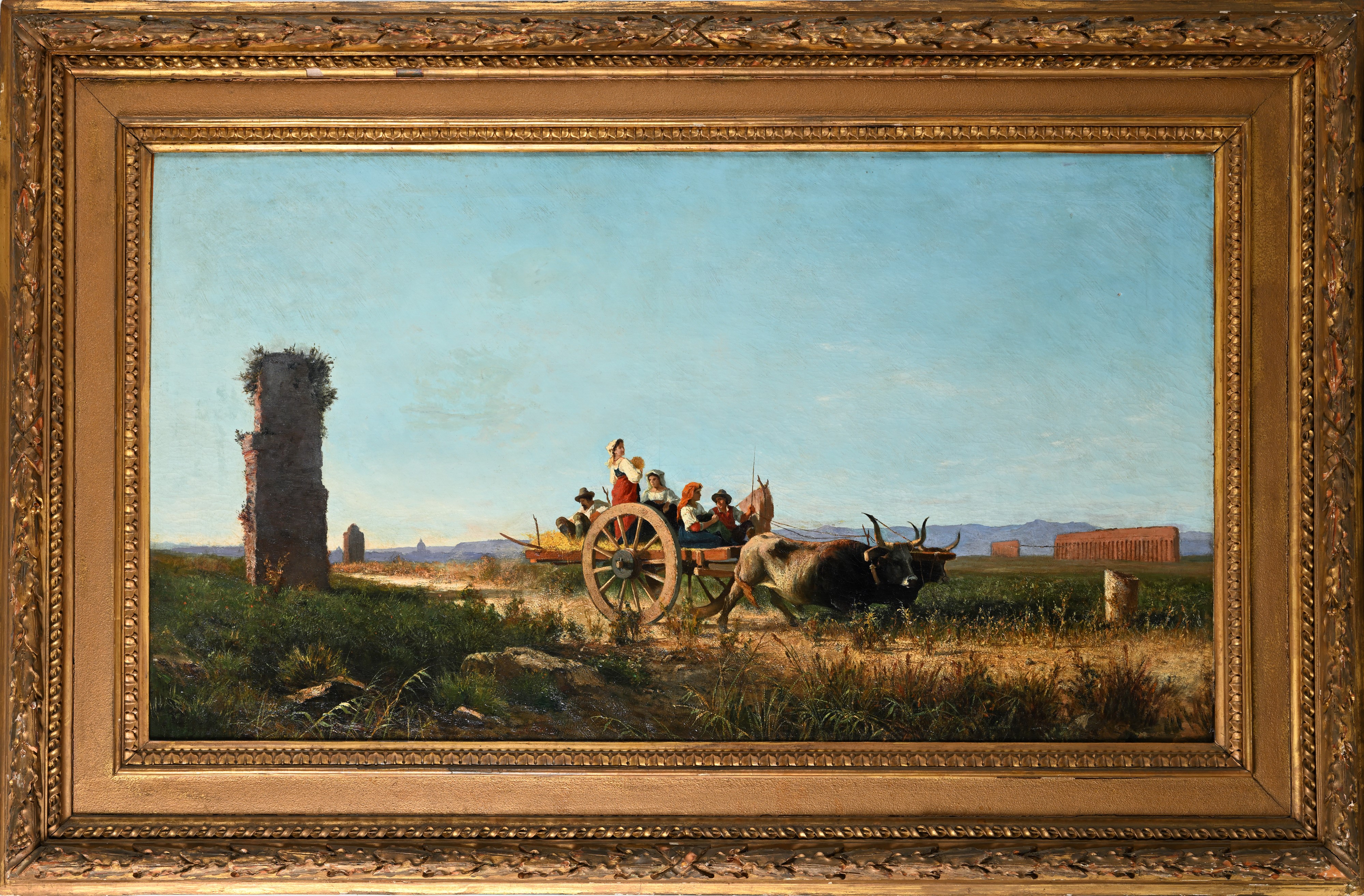 Achille Vertunni - Carro con contadini in marcia nella campagna romana, olio su tela