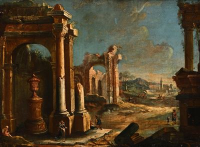 Capriccio architettonico con figure e rovine classiche, olio su tela