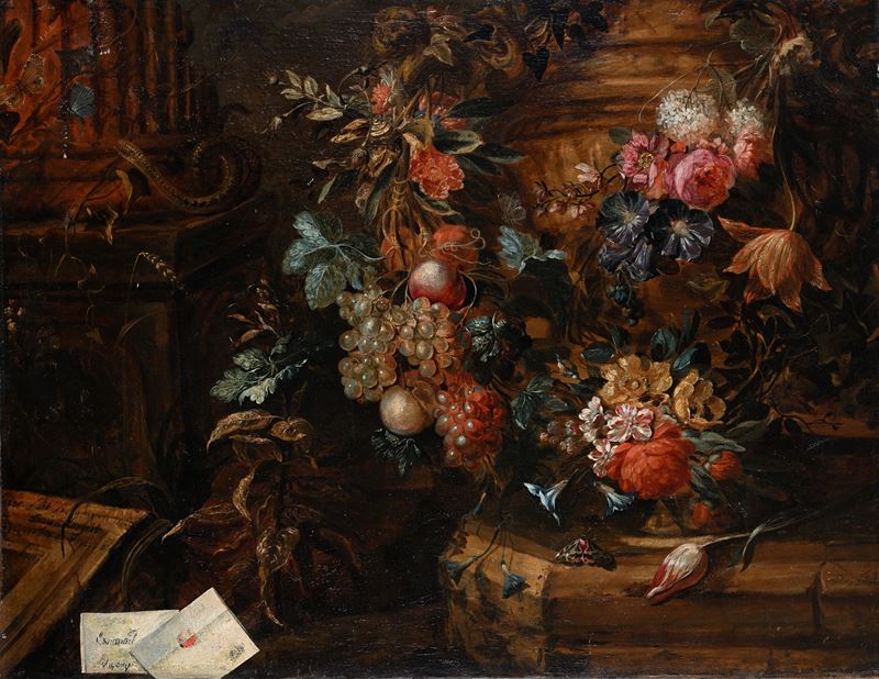 Natura morta con fiori, farfalla e lettere