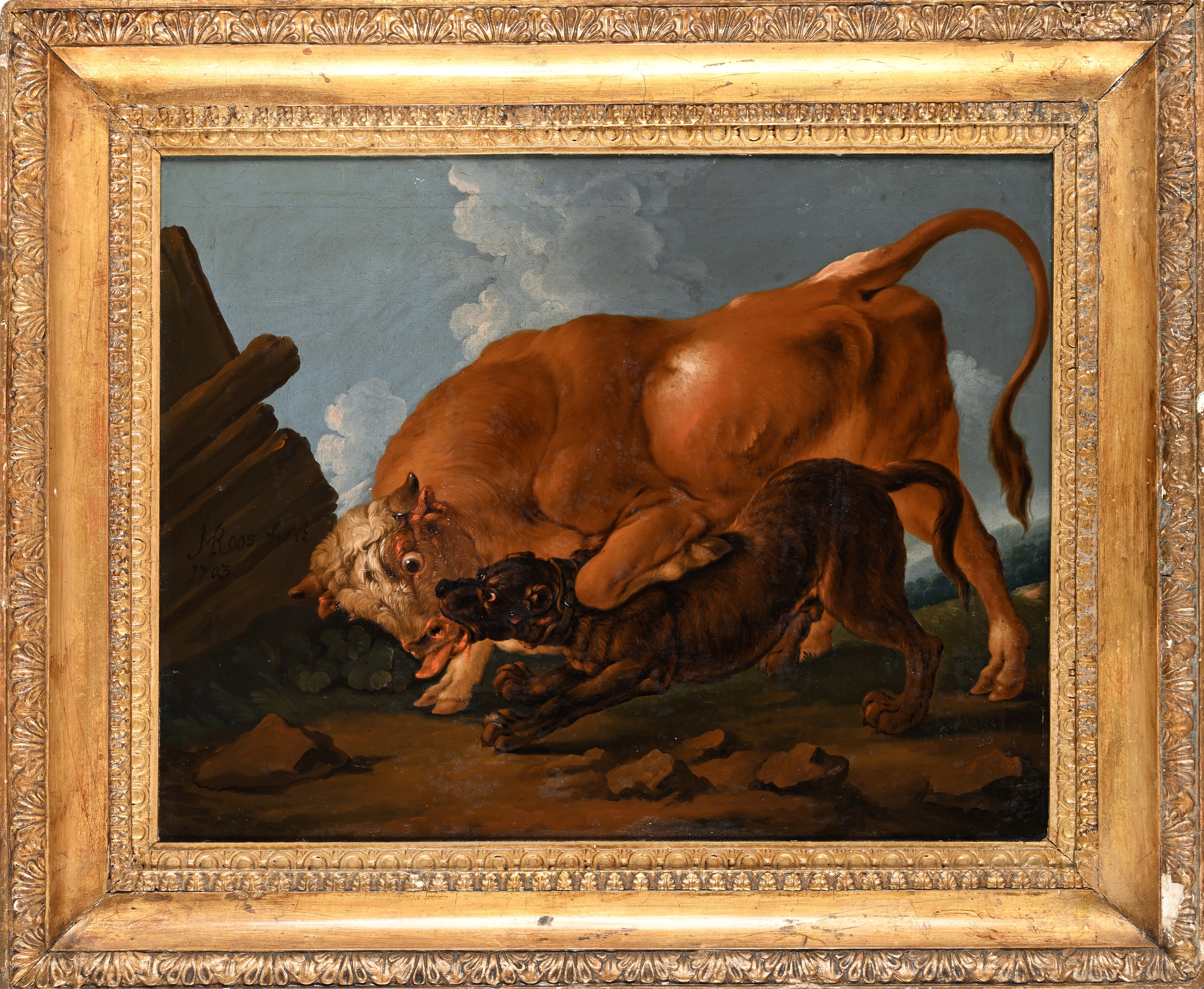 Lotta tra cane e toro Firmato J Roos fecit e datato 1703