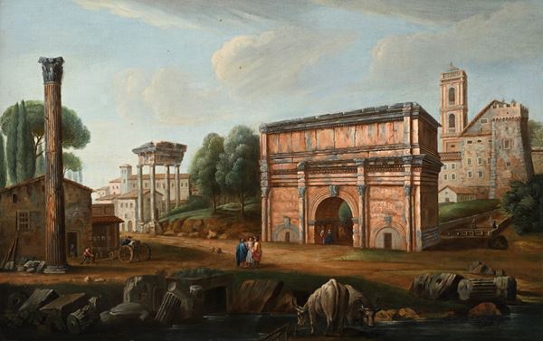 Veduta del Foro Romano con la colonna di Foca e l'arco di Tito