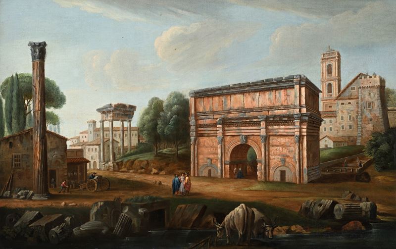 Veduta del Foro Romano con la colonna di Foca e l'arco di Tito