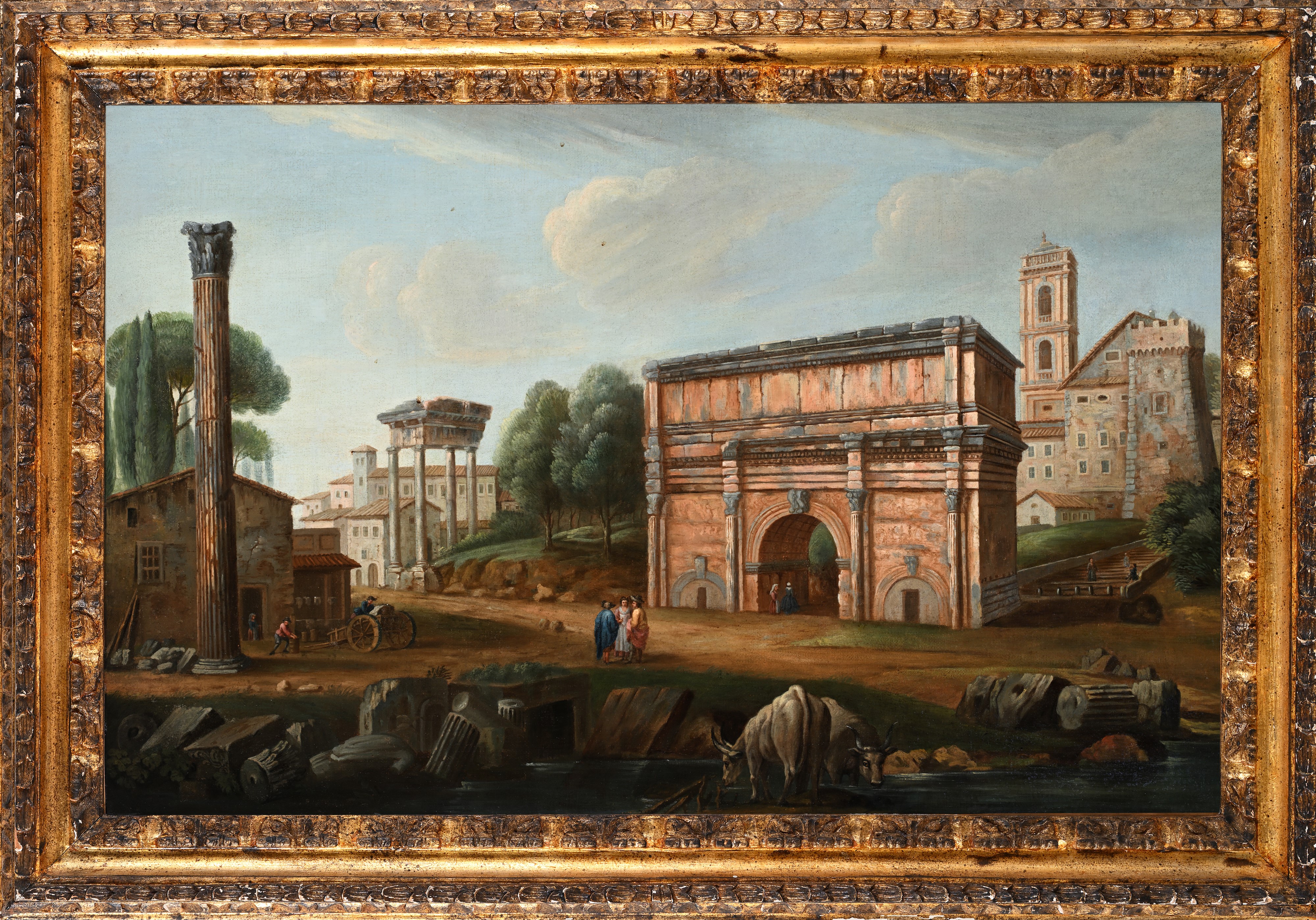Veduta del Foro Romano con la colonna di Foca e l'arco di Tito