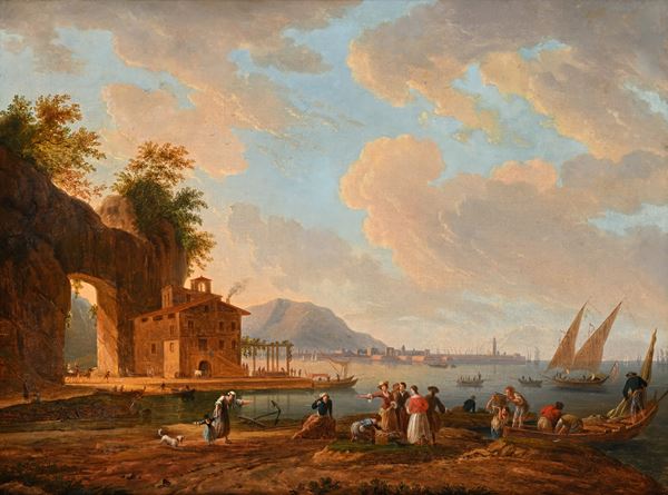 Marina con figure (barche a vela sulla destra)