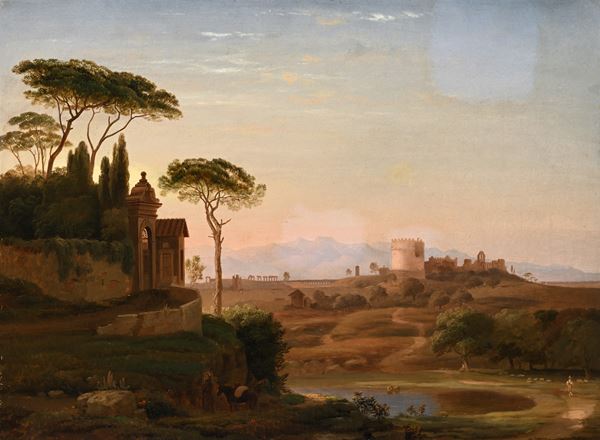 Scuola europea del XIX secolo - Veduta della campagna romana con il mausoleo di Cecilia Metella in lontananza
