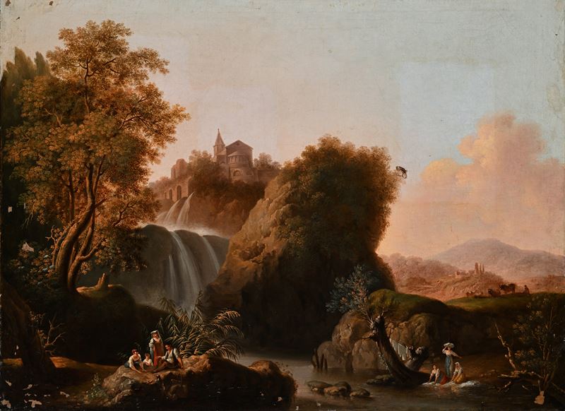 Pittore del XIX Secolo - Paesaggio con cascate, olio su tela
