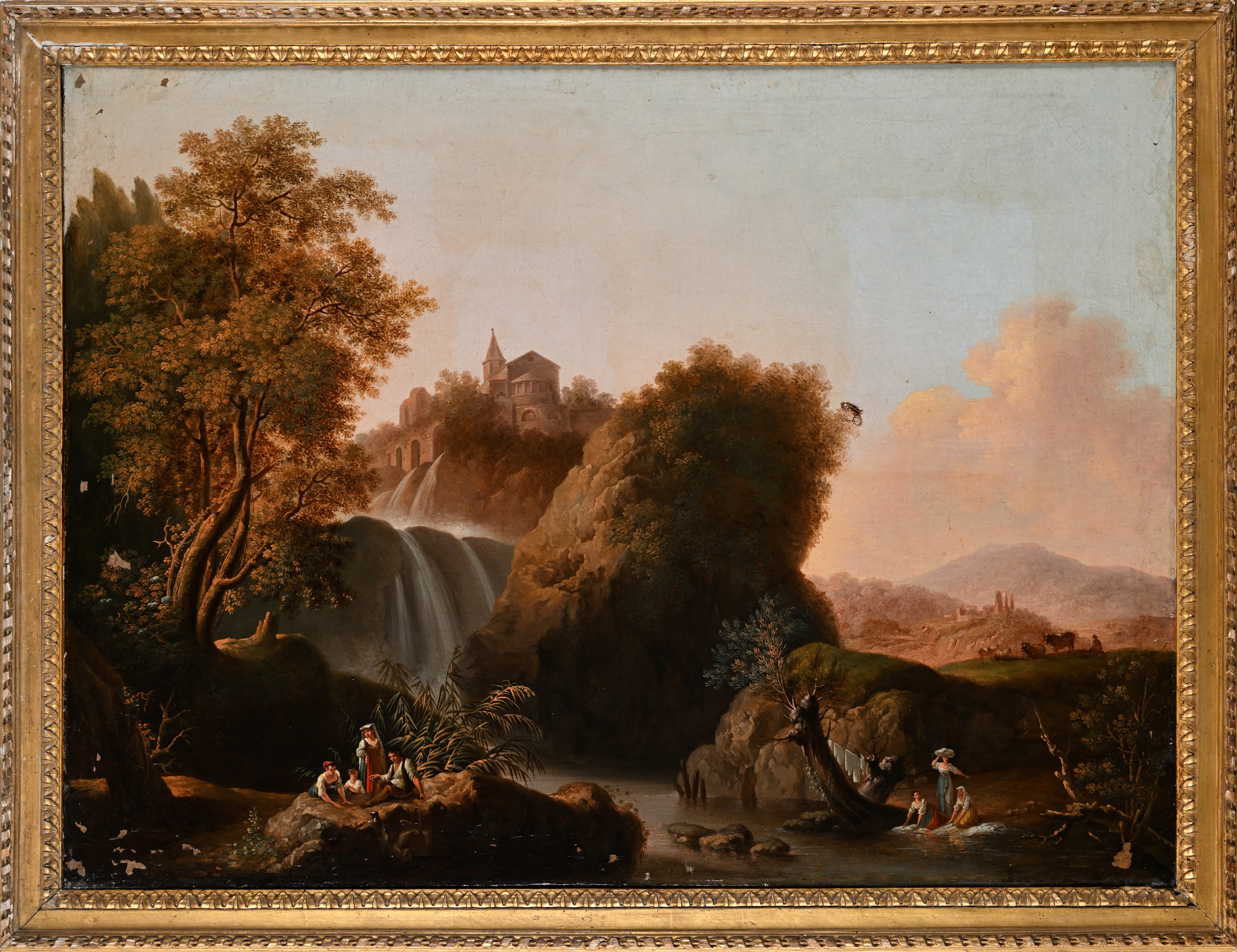 Pittore del XIX Secolo - Paesaggio con cascate, olio su tela