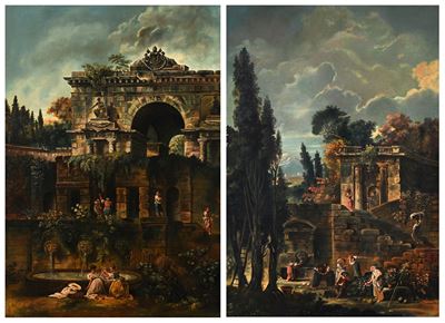 Coppia di paesaggi con rovine classiche (olio su tela)