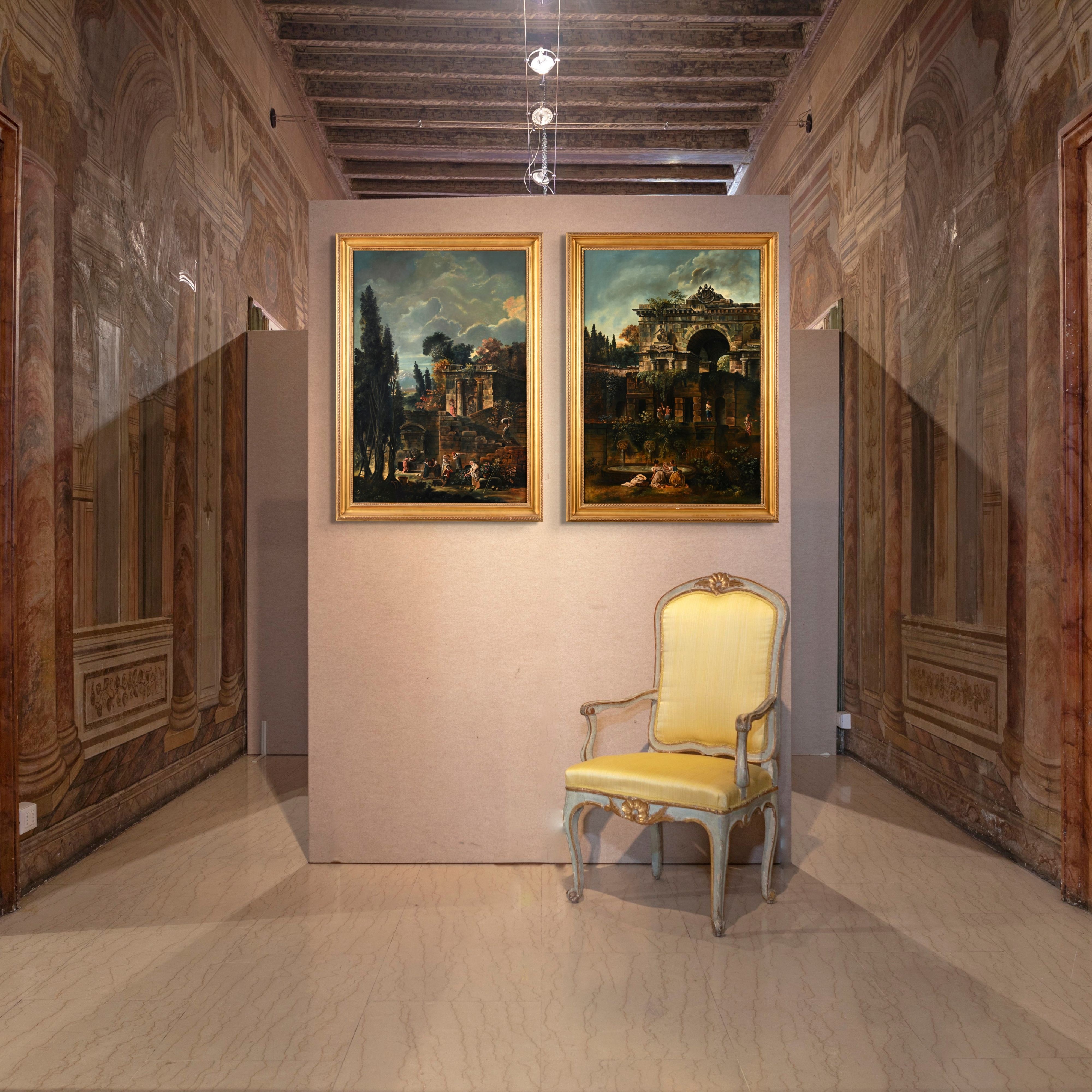 Scuola Romana del XIX Secolo - Coppia di paesaggi con rovine classiche (olio su tela)