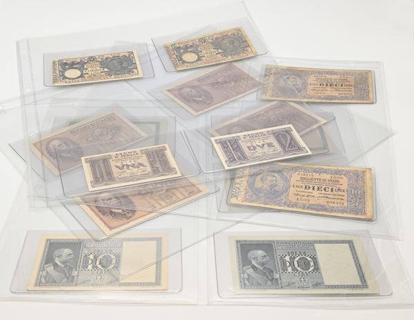 Lotto Banconote Regno d'Italia Umberto I: 10 Lire (2); Vittorio Emanuele III: 1 lira (1), 2 lire (1), 5 lire (2+4), 10 lire (5)