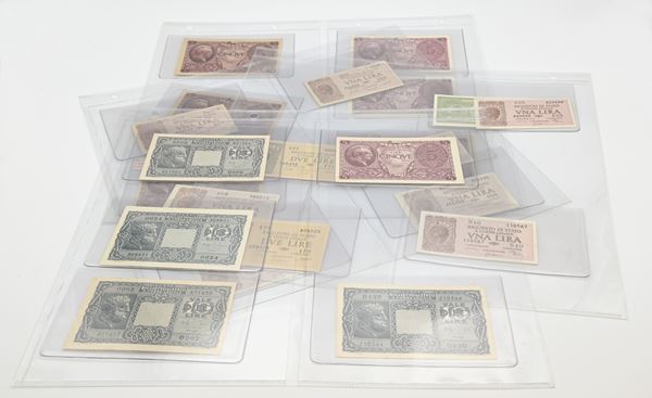 Lotto Banconote Luogotenenza e Repubblica Italiana: 1 lira (9), 2 lire (2), 5 lire (7), 10 lire (4)
