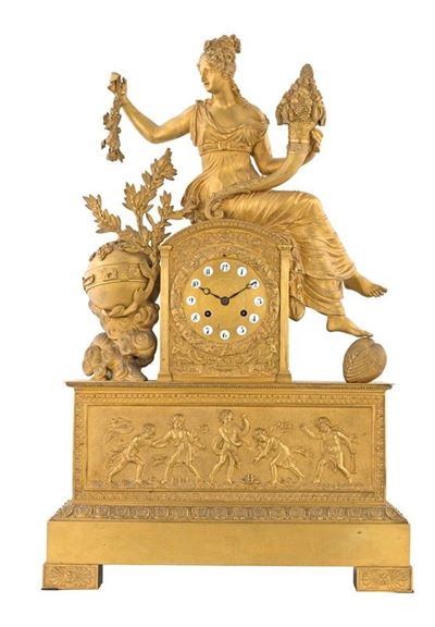 Grande Orologio da Tavolo in Bronzo Dorato Flora con Cornucopia