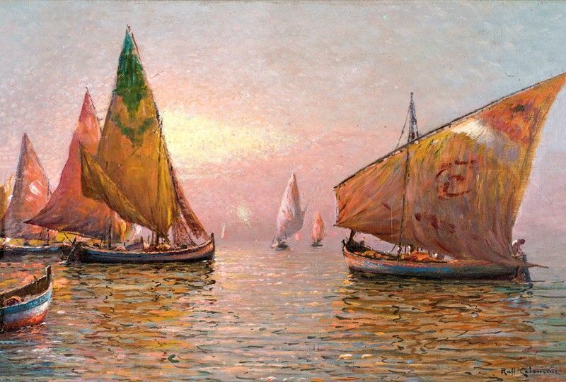 Raffaello Celommi - Marina con Barche a Vela