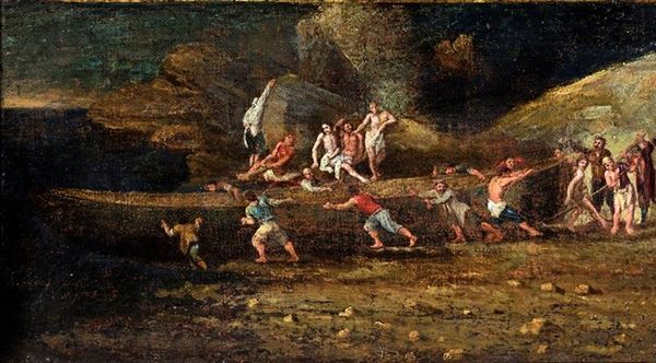 Scuola napoletana del XVIII secolo - SPIAGGIA CON BARCA E PESCATORI