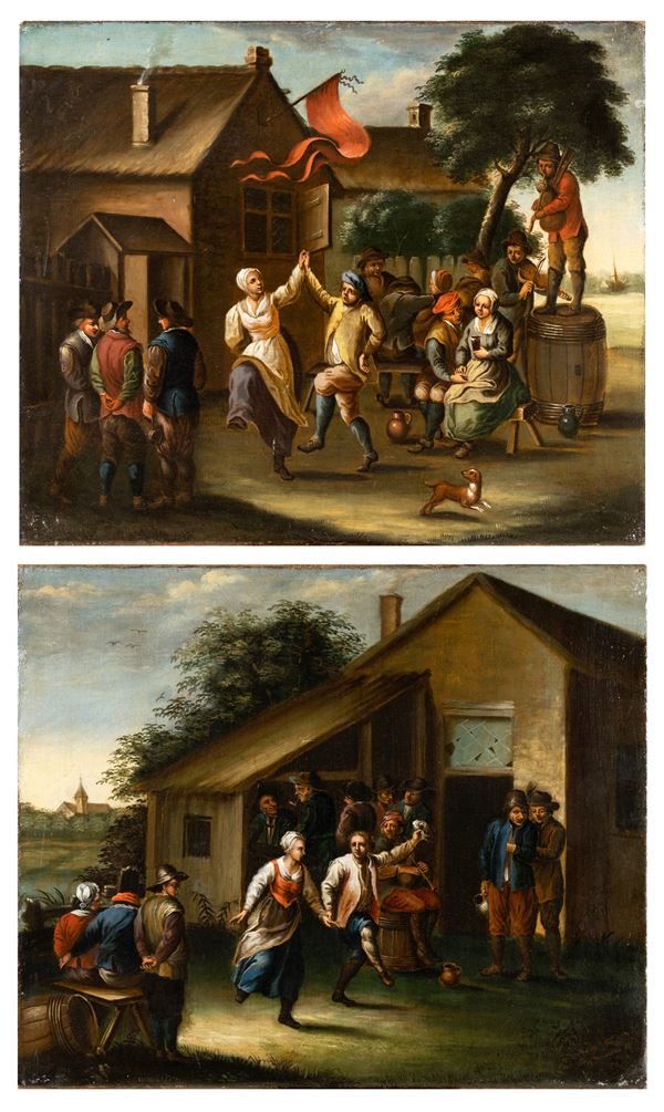 Pittore fiammingo del XVIII secolo - Coppia di dipinti raffiguranti festa di paese