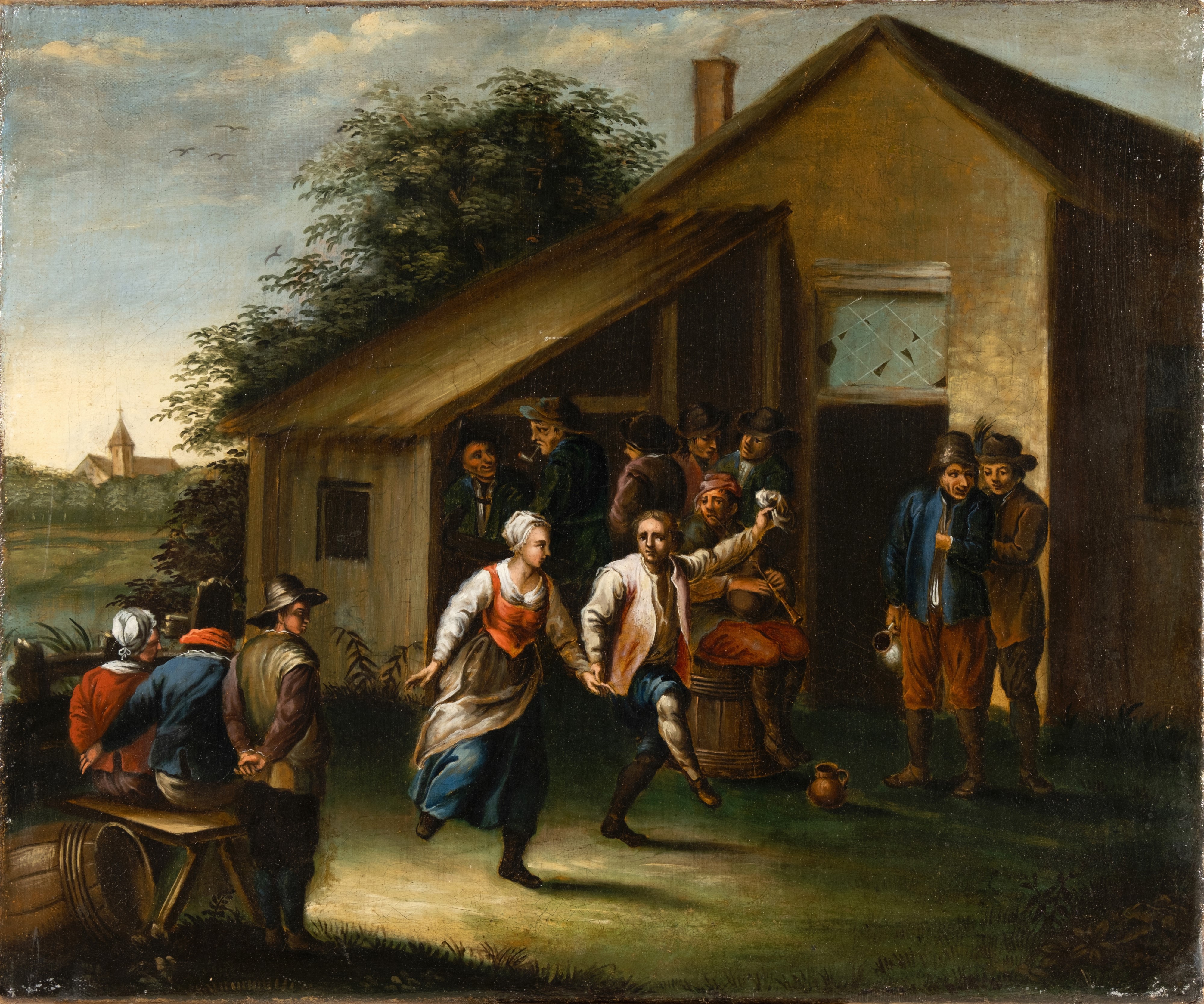 Coppia di dipinti raffiguranti festa di paese