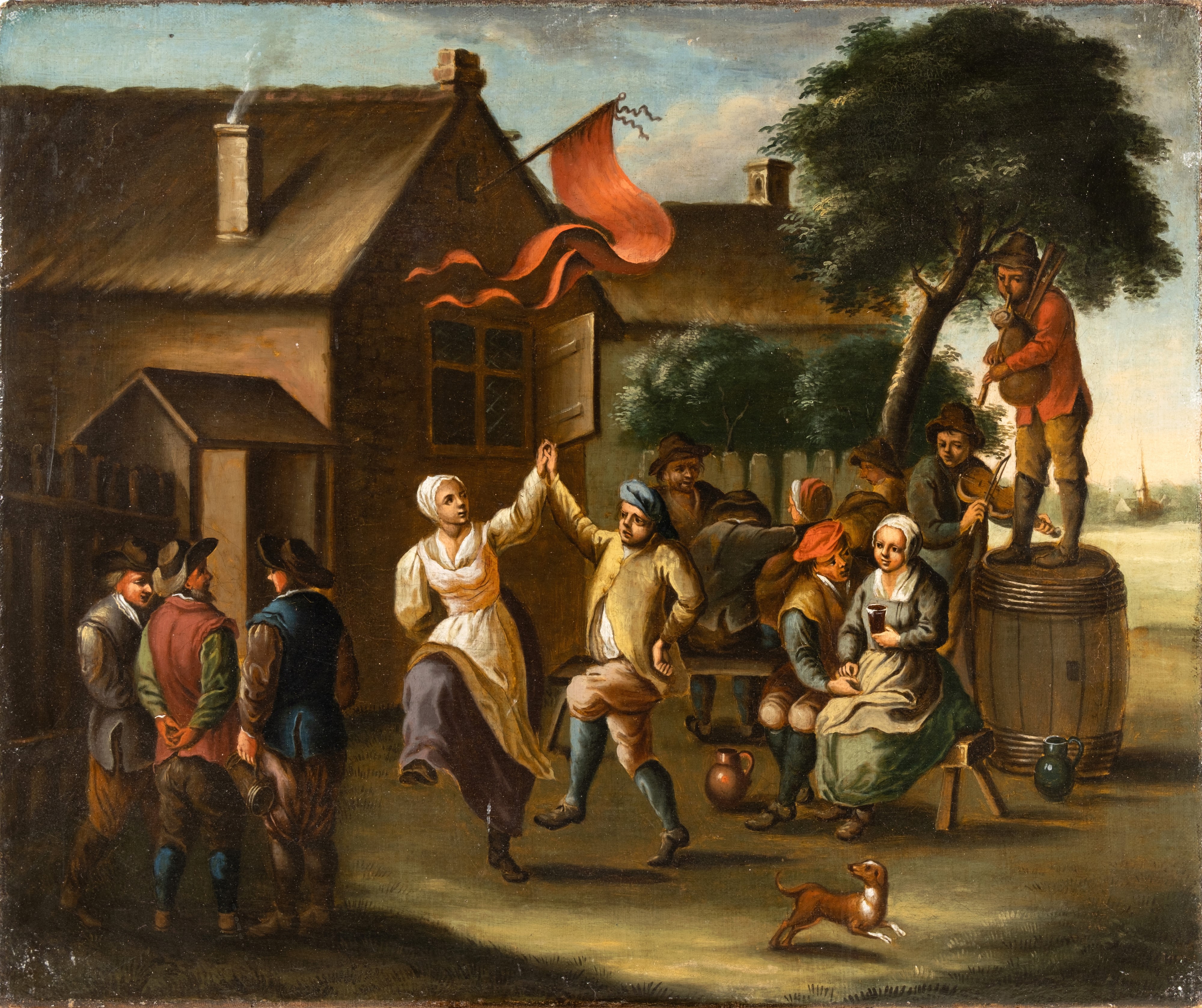 Coppia di dipinti raffiguranti festa di paese