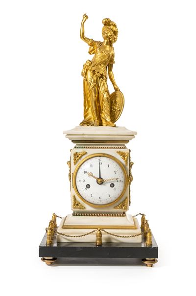 Athena, Orologio da tavolo in marmo bianco e bronzo dorato, XIX secolo
