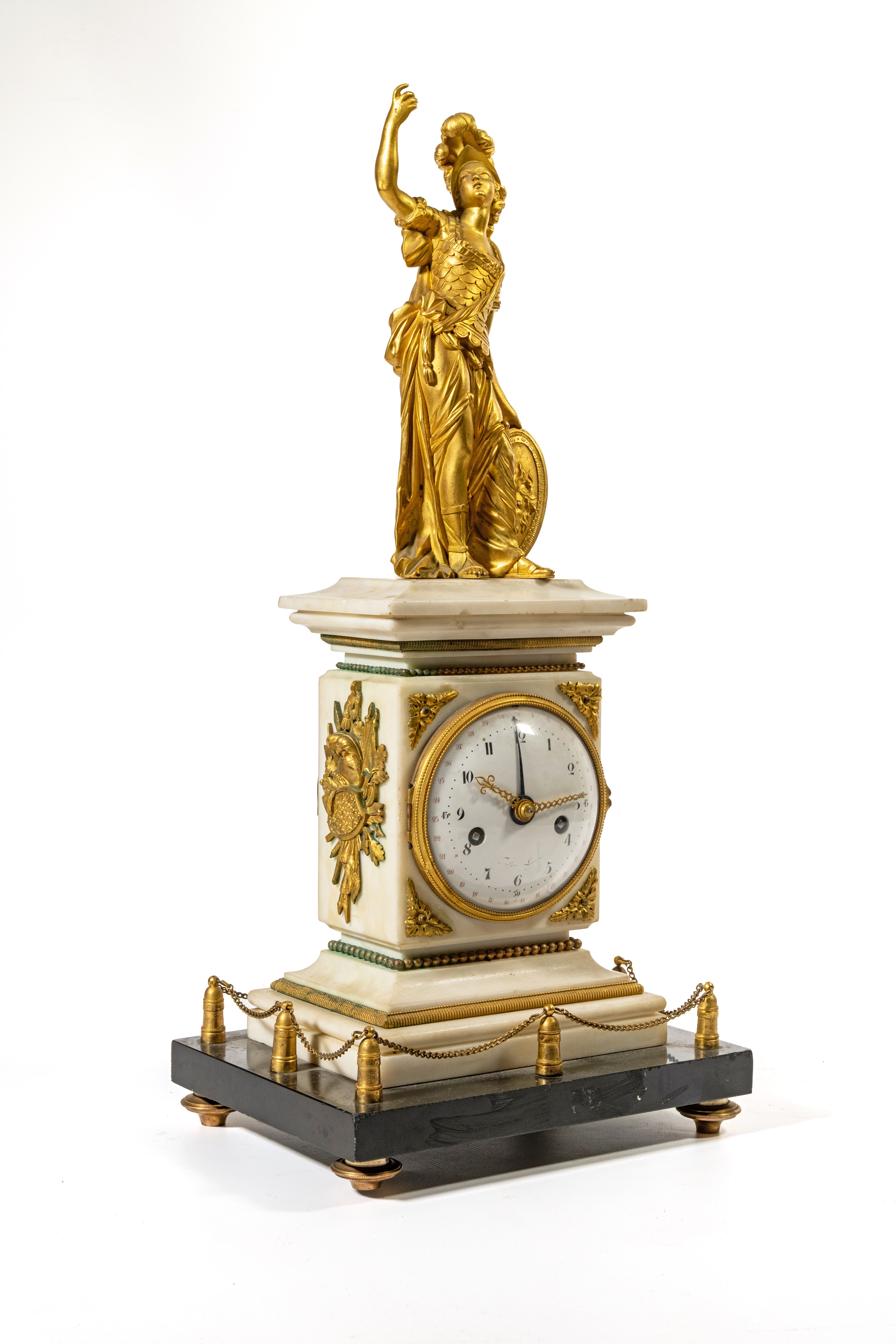 Athena, Orologio da tavolo in marmo bianco e bronzo dorato, XIX secolo
