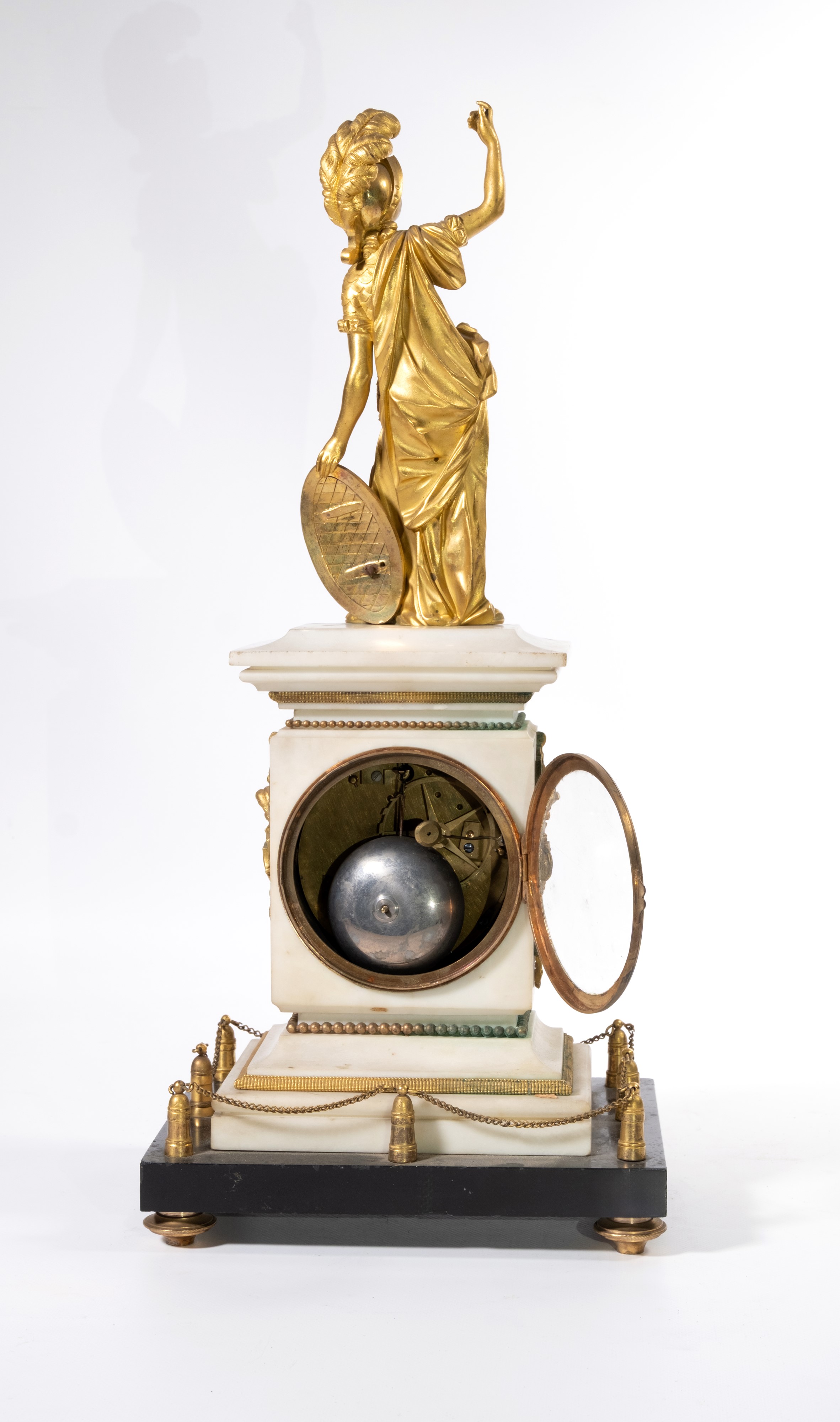 Athena, Orologio da tavolo in marmo bianco e bronzo dorato, XIX secolo