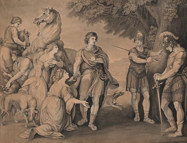 "Palamone e Arcite" entro cornice in legno dorato e passe partout in vetro eglomisé