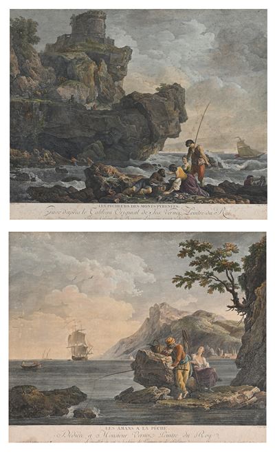 Jean-Jacques Leveau, Coppia di litografie a colori ispirate a opere di Claude Joseph Vernet, 64x7...