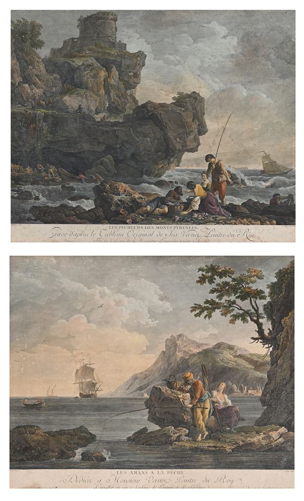 Coppia di litografie a colori entro cornici in legno intarsiato