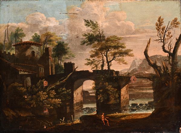 17th century Roman painter - Paesaggio con ponte e casolare