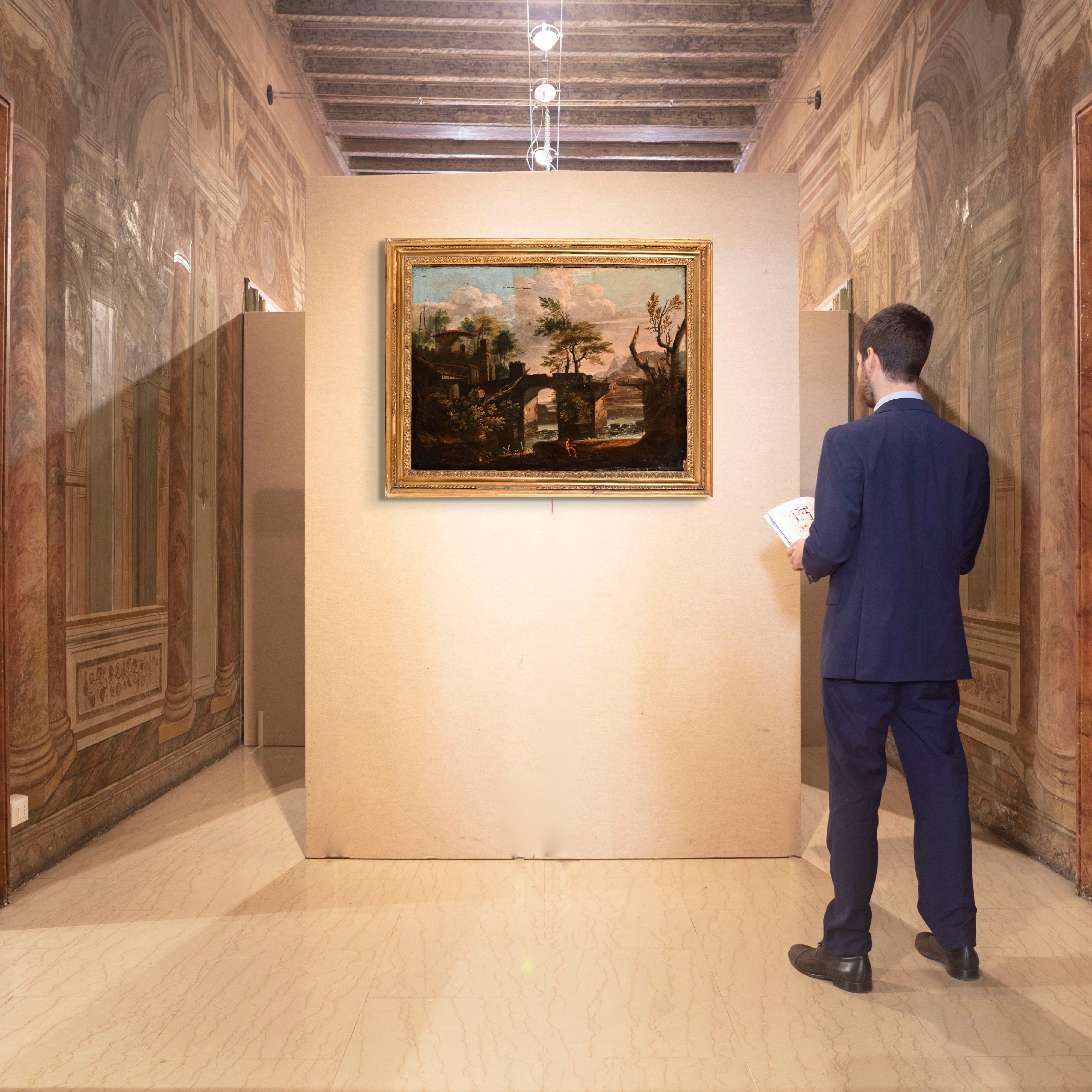 Pittore Romano del XVII Secolo - Paesaggio con ponte e casolare