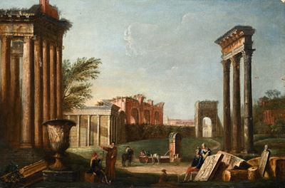 Cappriccio architettonico con figure, olio su tela