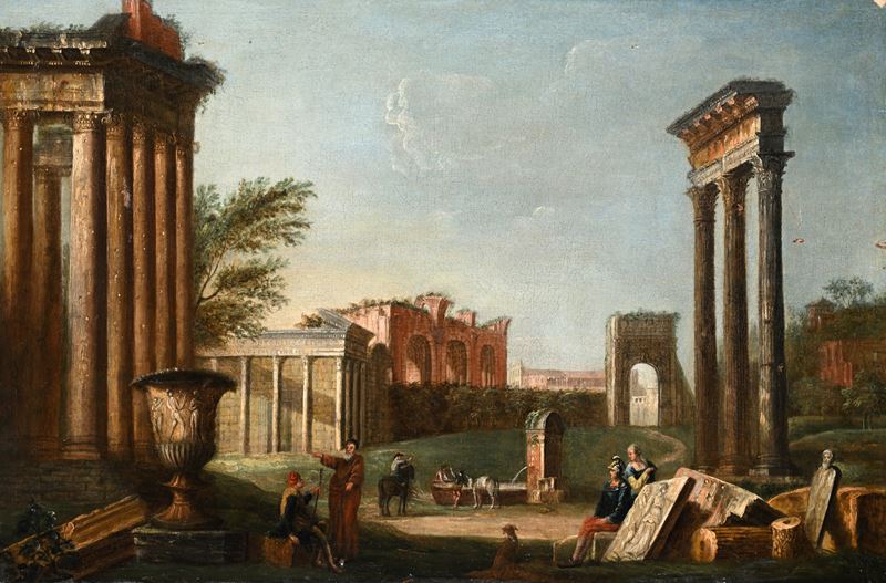 Pittore della Fine del XVIII Secolo - Cappriccio architettonico con figure, olio su tela
