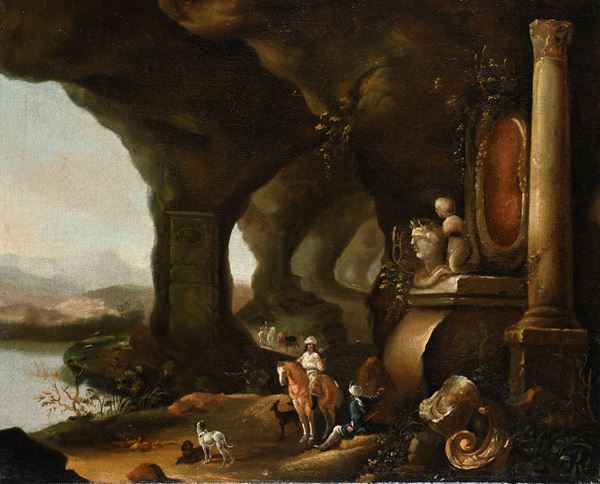 Grotta con rovine e cavaliere