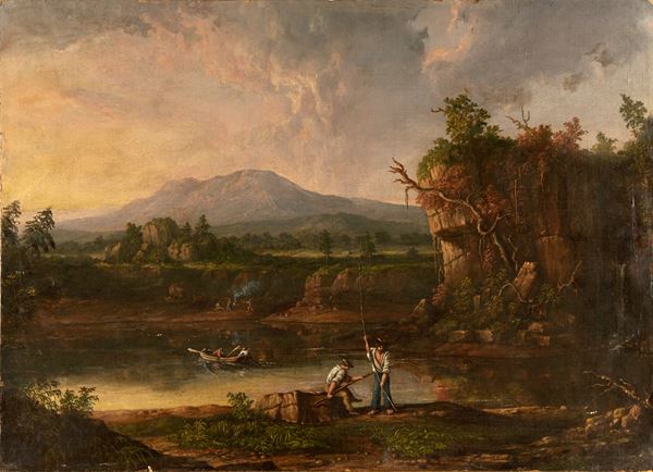 Paesaggio fluviale con pescatori