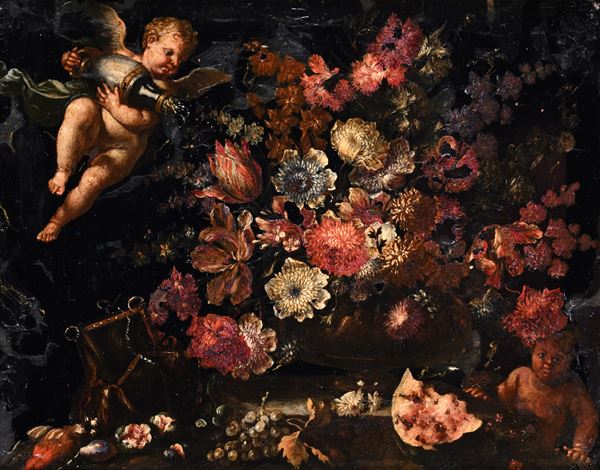 Vaso di fiori con putti e frutti