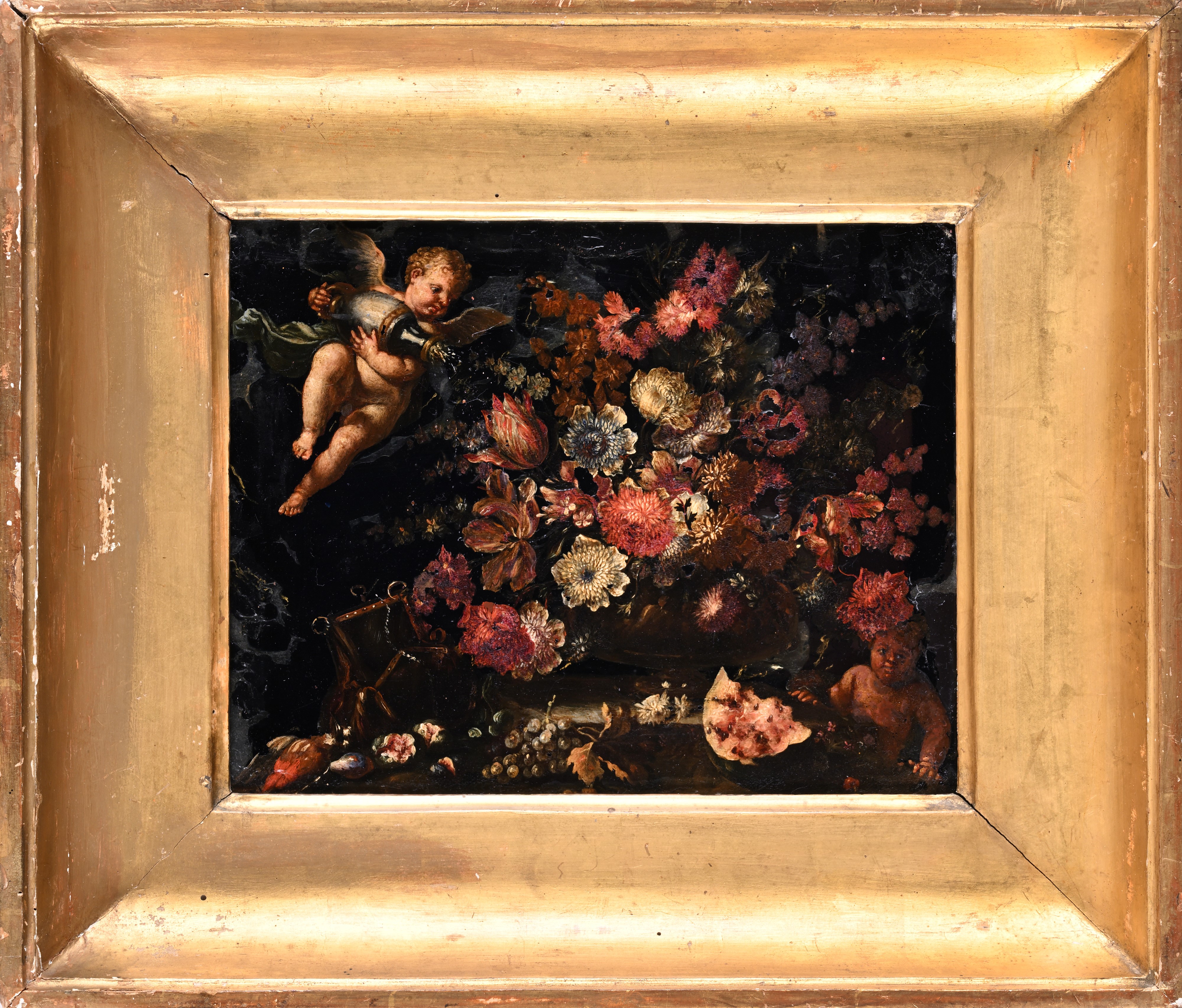 Vaso di fiori con putti e frutti