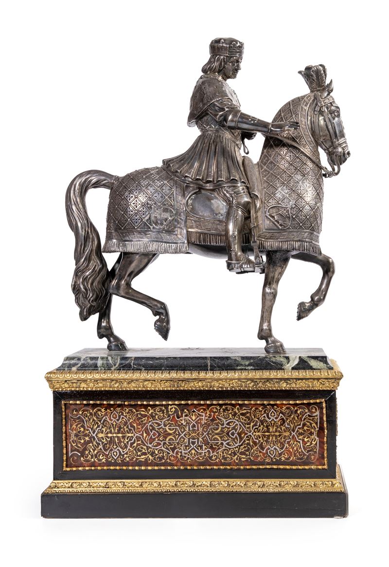 XIX secolo, Replica equestre di Luigi XII Valois (Orléans), in bronzo su base in porfido e marmo ...