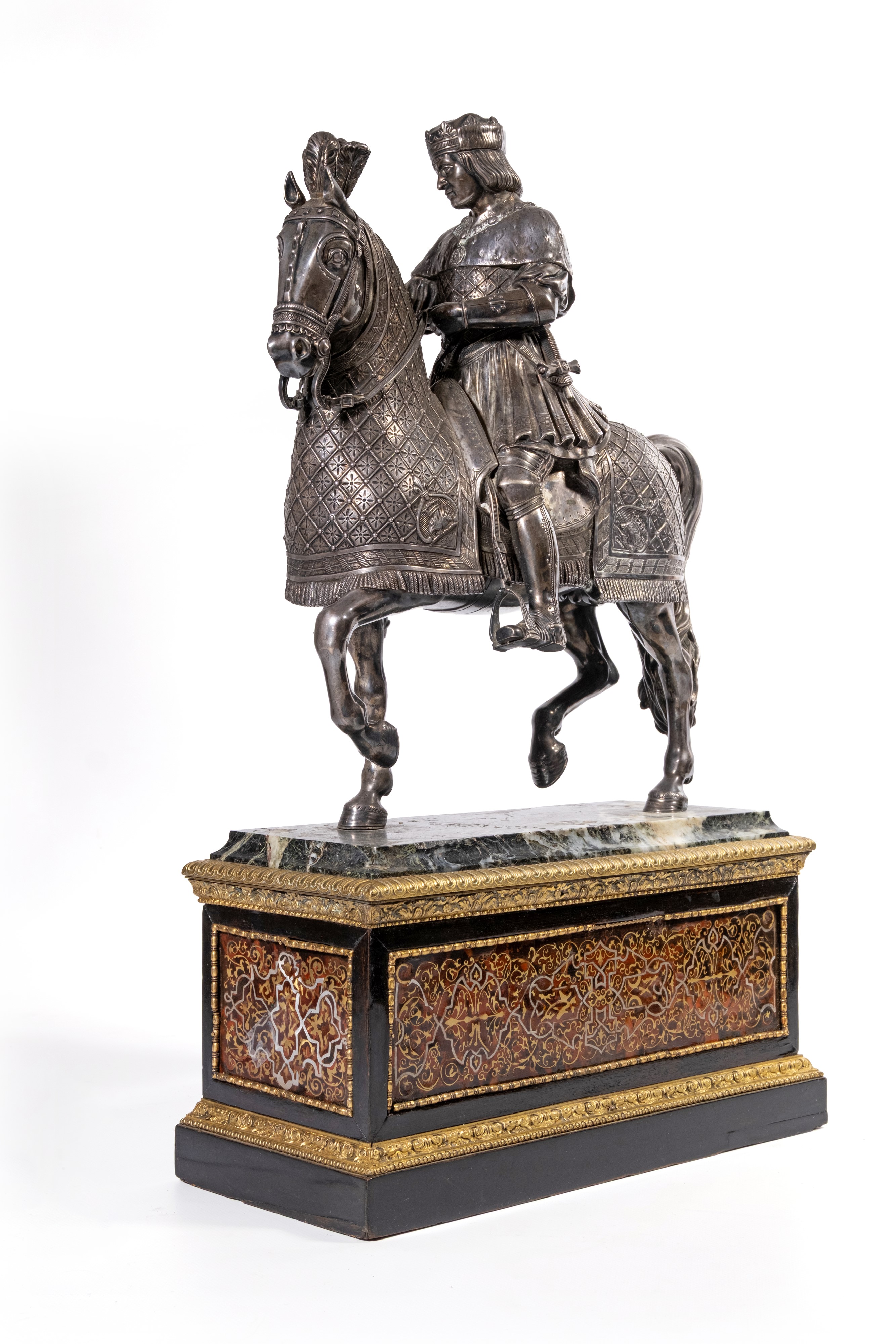 XIX secolo, Replica equestre di Luigi XII Valois (Orléans), in bronzo su base in porfido e marmo ...