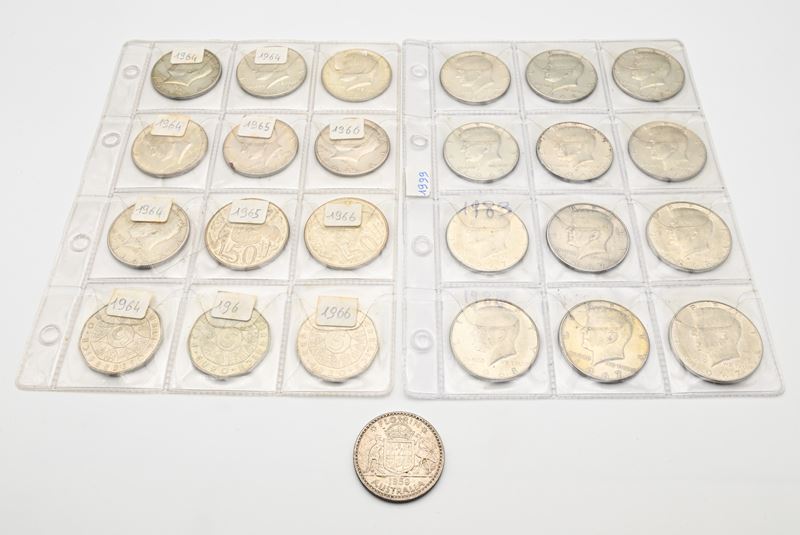 Lotto numismatico, 1/2 dollaro 1964/69, monete Austria da 5€, fiorino d’Australia 1958, e 50 cent...